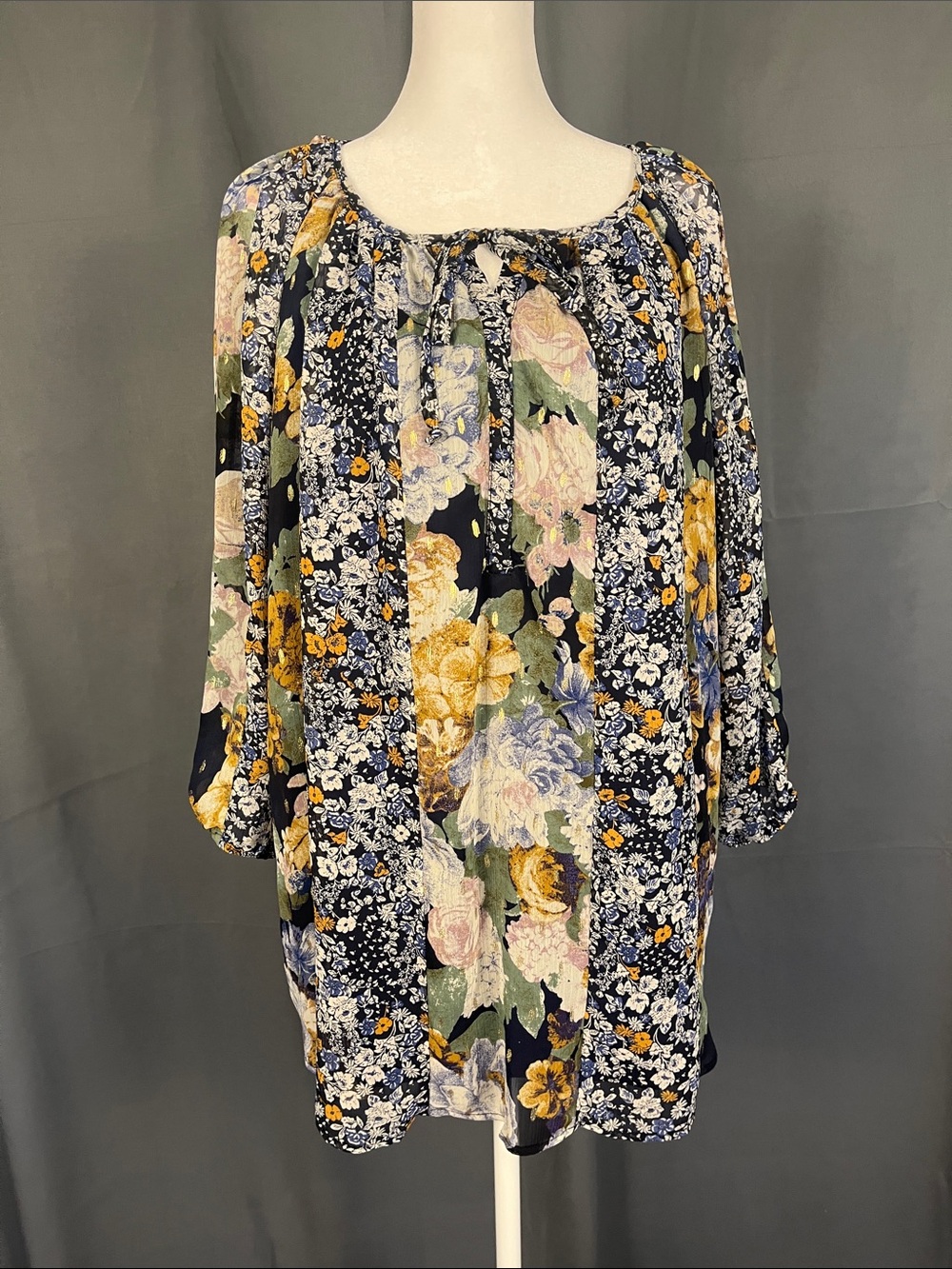fig and flower Navy Floral Peasant Tunic with Yellow & Pink Accents